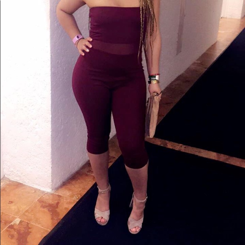 Capri jumpsuit/ jumper/ romper . Burgundy w. Mesh